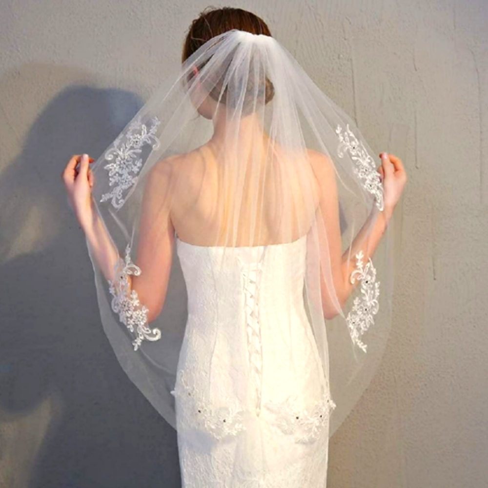 Fingertip Length Wedding Veil with Applique